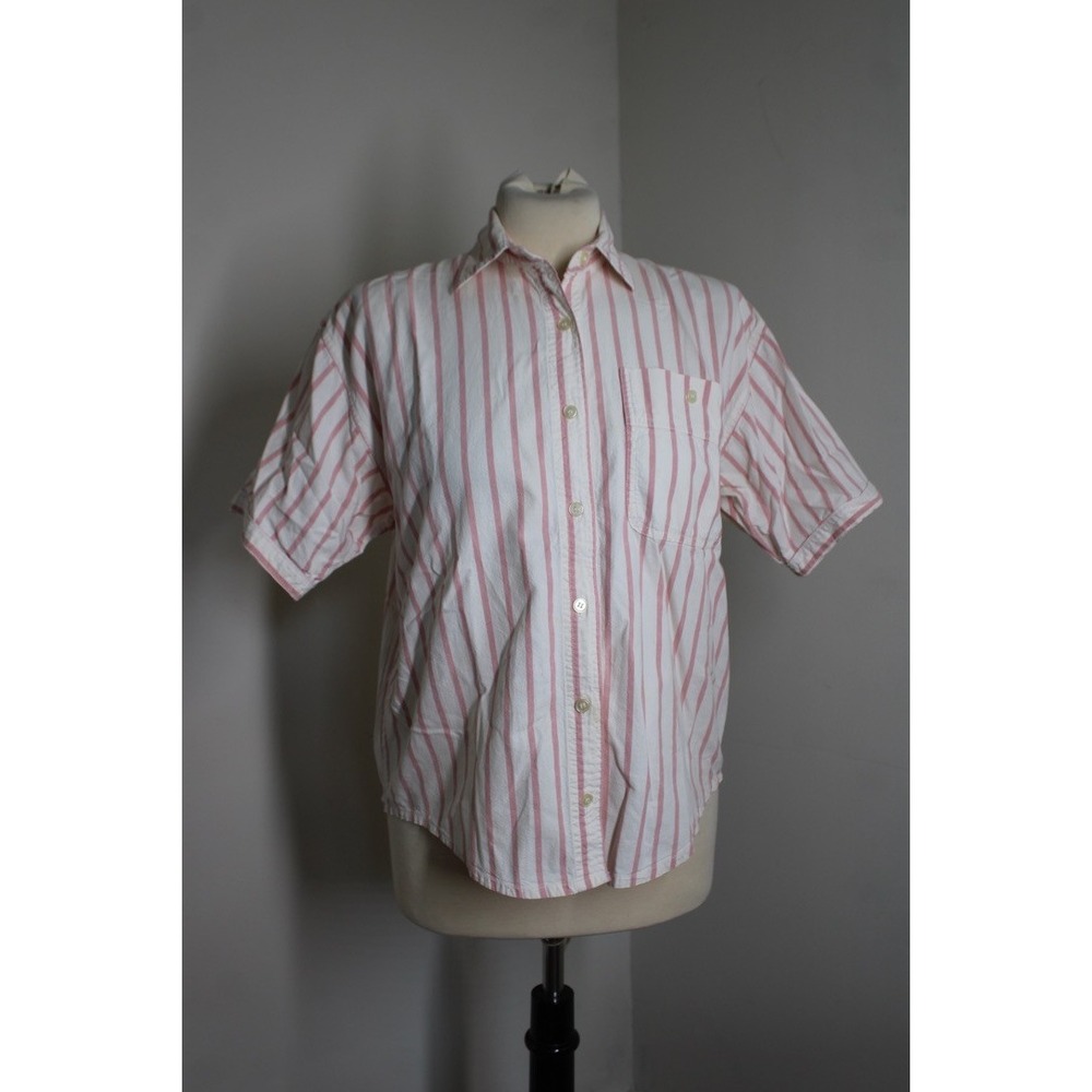 Vtg 80s ilio S Cotton Pink Beige Stripe Short Sleeve Button Up Shirt